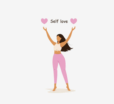 Self love concept. Happy young dark haired woman with pink heartsのイラスト素材