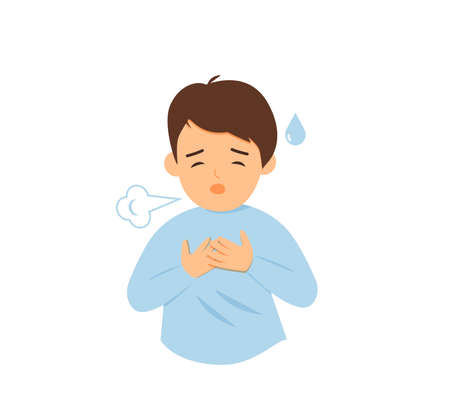 Sick little boy. Cough, hard breatning and dyspneaのイラスト素材