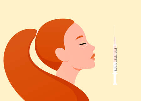 Face injections concept. Cosmetology procedures. Red haired woman and syringe with collagen or hyaluronic acidのイラスト素材