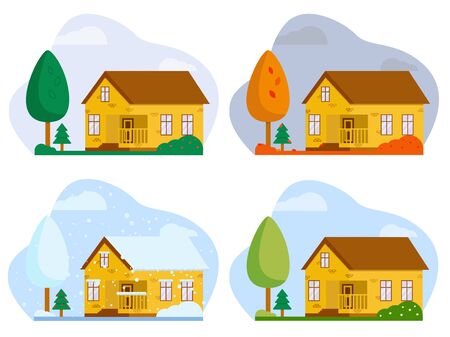 Flat vector illustration: landscape with a house. Four seasons.のイラスト素材