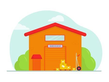 Flat vector illustration: warehouse building. Industrial construction and storage factory.のイラスト素材