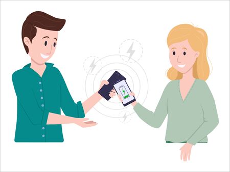Vector illustration: man and woman charge the phone. Wireless charger.のイラスト素材