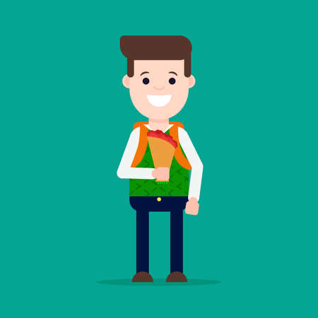 Flat vector illustration: student with flowers. Schoolboy back to school.のイラスト素材
