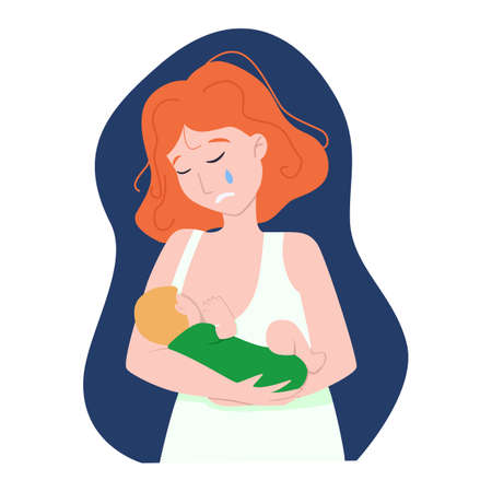 Vector illustration: breastfeeding. The mother is breastfeeding the baby. Postpartum depression.のイラスト素材