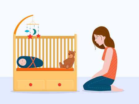 Vector illustration: sad woman at the baby cot. Postpartum depression concept.のイラスト素材