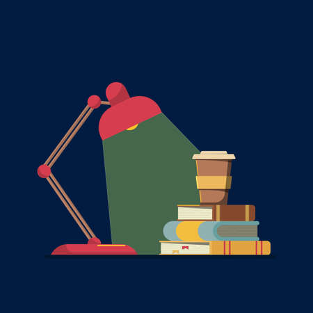 Flat vector illustration: night learning concept. Lamp at night. Concept of the night before the exam.のイラスト素材