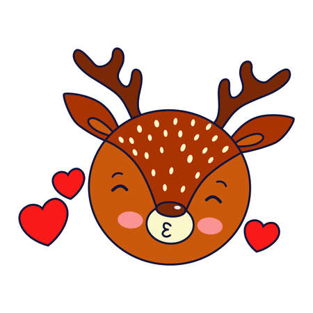 Vector illustration: cute face of Christmas deer sends a kiss. Merry Christmas card background.のイラスト素材