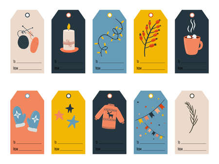 Vector illustration: Christmas tags for gifts in hygge style. Vector illustrationのイラスト素材