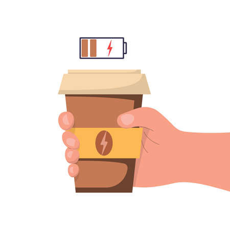 Hand holds cup of coffee. Energy drink concept. Illustration isolated on white background. Vector illustrationのイラスト素材