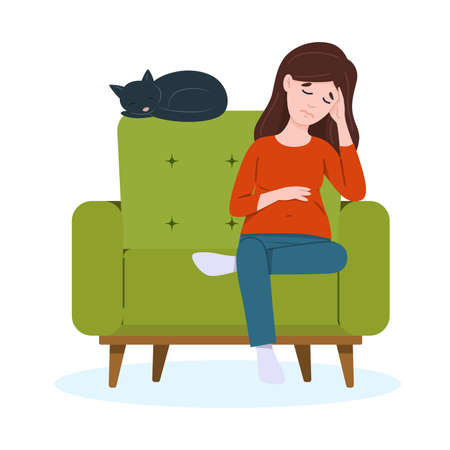 Tired pregnant woman is sitting on the sofa. Heavy pregnancy concept.のイラスト素材