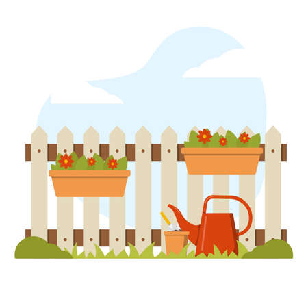 Spring garden landscape with a fence, watering can and flowers. Illustration for the site, postcards.のイラスト素材