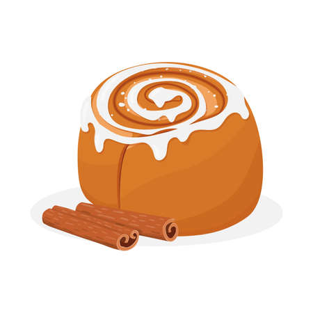 Bakery products. A loaf of bread. Cinnamon rolls with icing. Cinnamon.のイラスト素材