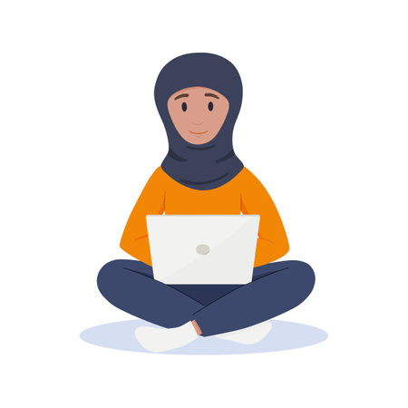 Muslim woman works at a laptop. Freelance concept.のイラスト素材