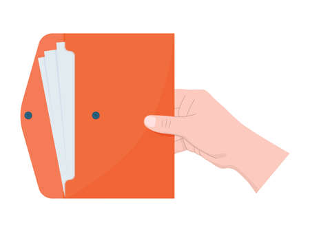 Hand holds a red folder with documents.のイラスト素材
