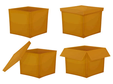Cardboard box set. Opened and closed cardboard boxes isolated on a white background. Vector...