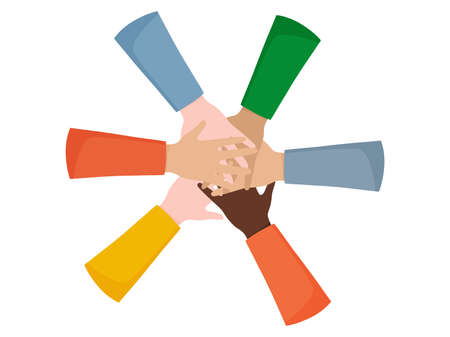 Hands together. Set of different races raised up hands. Symbol of friendship between people. Vector illustrationのイラスト素材