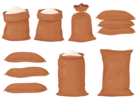 Bags flour set. Heap of flour. Natural farming food in cartoon style.のイラスト素材