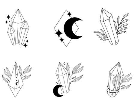Crystal thin line set. Simple magical crystal black contour symbol. Witchy.のイラスト素材