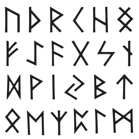 Viking runes set. Rune alphabet, futhark. Mystical symbols. Esoteric, occult, magic.のイラスト素材