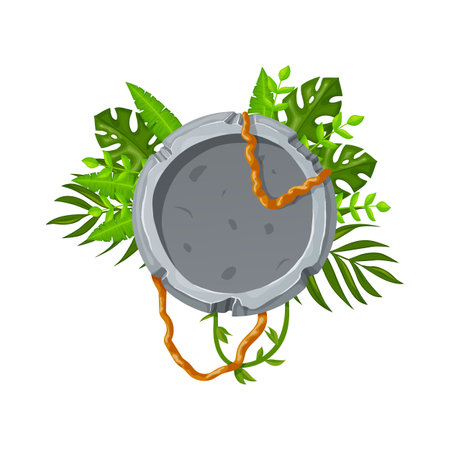 Jungle stone board with liana branches and tropical leaves. Stone banner elements for game and web in cartoon style.のイラスト素材