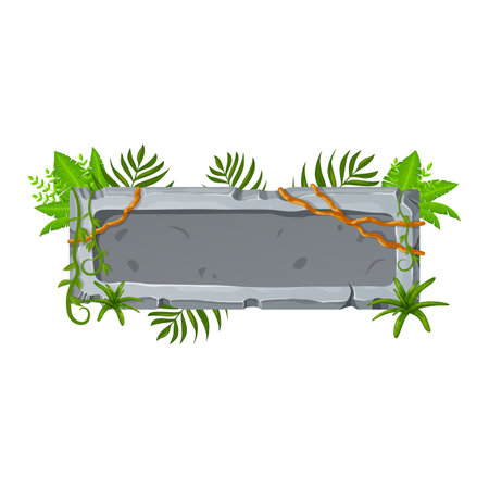 Jungle stone board with liana branches and tropical leaves. Stone banner elements for game and web in cartoon style.のイラスト素材