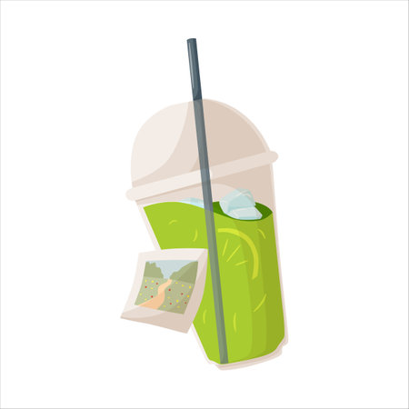 Mojito in plastic cup with tube for drinking. Alcohol or non-alcoholic cocktail.のイラスト素材