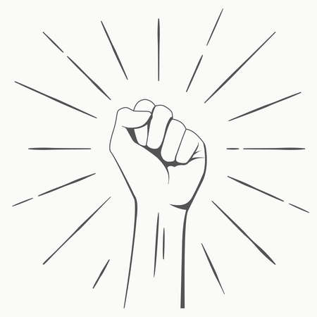 Silhouette of a raised hand. Clenched fist illustrating the power of protest. Black lives matter poster concept. Symbol of strength and struggle for equality. Stop racism illustration.のイラスト素材