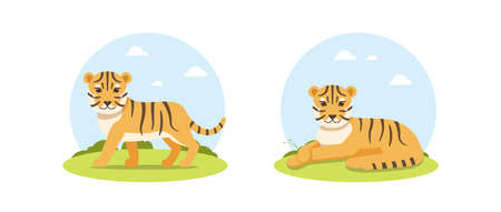 Vector happy tiger in flat cartoon style with landscape. Sitting and lying wild animal.のイラスト素材