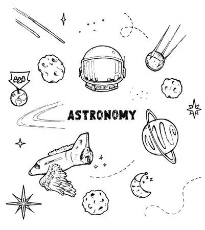 Hand drawn set of space objects. Space ship, planets, asteroids and stars. Isolated astronomy book vector illustrations on white background.のイラスト素材