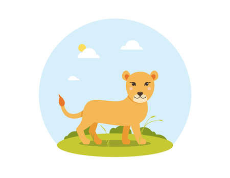 Vector lioness in flat cartoon style with landscape. Happy walking animal, side view. Cute children's illustration on white background.のイラスト素材