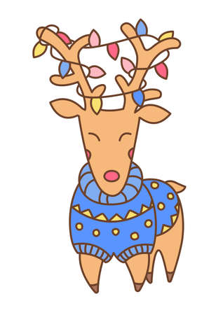 Happy Chrismas doodle deer in blue sweater with colorful festive garlands on the horns. Flat vector style picture is easy to print on postcards, stickers, flyers, goods.のイラスト素材