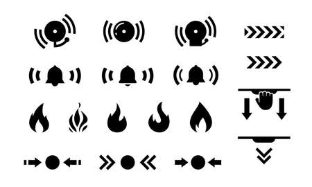 Isolated set of icons for marking firefighting equipment on white background. Collection of fire and bell symbols. Pushing and pulling down. Vector, 10EPS.のイラスト素材