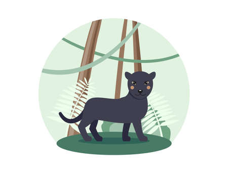 Vector black panther in flat cartoon style with forest landscape. Jungle walking animal, side view. Cute children's illustration on white background. EPS10のイラスト素材
