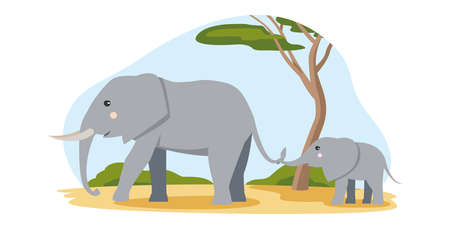 Gray african elephant with a baby in flat cartoon style walking in the desert with trees and sky. Friendly wild animals. Isolated cute children's illustration on white background.のイラスト素材