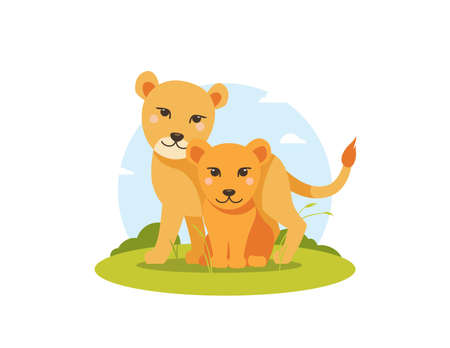 Vector lioness with lion cub in flat cartoon style with landscape. Young lion sitting on the field. Happy animals in the wild. Cute children's illustration on white background.のイラスト素材