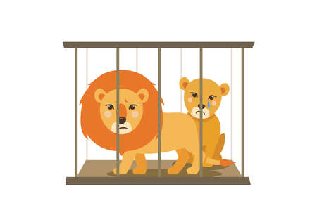 Sad lion and lioness in flat cartoon style sitting in a cage. Scared wild animals, concept of life in captivity. Circus and zoo conditions. Vector illustration on white background.のイラスト素材