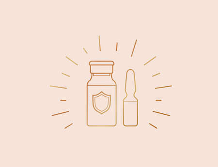 Vaccine bottles illustration with golden lines. Measure to prevent virus spread. Elegant Vector linear ampoules with background for posts in support of vaccination and global immunization.のイラスト素材