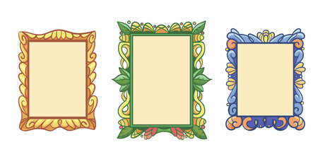 Hand-drawn beautifully decorated colorful picture frames. Vintage doodle sketches with water, leaves and sun design elements. Rectangular engraving template for pictures, posters.のイラスト素材