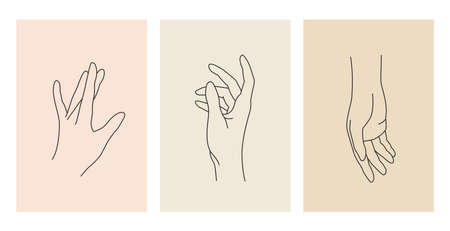 Collection of realistic female hands. Vector hand gesture icons on pastel backgrounds. Set of elegant line hands for logos, posts, cosmetics brands and nail salons.のイラスト素材