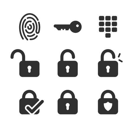 Set of flat lock icons on white background. Data security symbols and signs of successful blocking. Password input method icons. Open and closed lock. Isolated vector illustrationsのイラスト素材