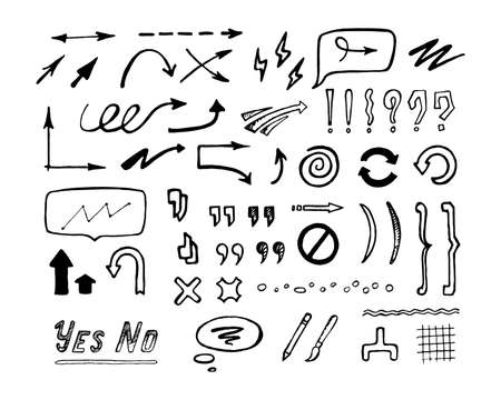 Abstract hand-drawn arrows, punctuation marks and lines for design or funny collage. Isolated set of black doodle decorative elements on white background.のイラスト素材