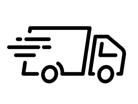 Fast shipping delivery truck icon. Online shopping symbol. Isolated commercial vehicle on white background. Black line vector illustration perfect for online shops, websites and appsのイラスト素材