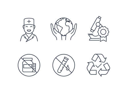 Product quality icons: No chemicals, No additives, Approved by doctors, with care for yourself and nature, Recycling symbol. Isolated line icons on a white background for web, packaging. Vectorのイラスト素材