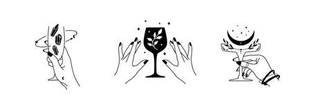 Elegant female hands holding glasses with mystical elements. Esoteric spiritual symbols. Vector celebration illustrations in linear style on white background. Trendy astrological design elements.のイラスト素材