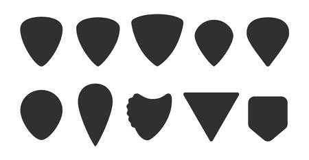 Set of guitar picks. Different types of plectrums: standard, triangle, pointy, teardrop, shark fin, jazz III. Mediator silhouette. Isolated vector illustrations on white backgroundのイラスト素材