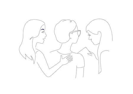 Three young girls with different hairstyles talking and discussing something. Isolated vector line...