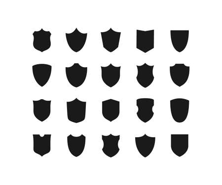 Isolated black shield icon set on white background. Different shaped security and protection icons for labels, logos, emblems and illustrations in retro style. Flat design elements, vector.のイラスト素材