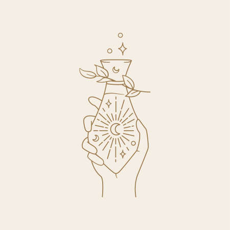 Linear hand holding a mystical glass bottle. An astrological potion with moon, stars and branch in boho style. Vector spiritual and esoteric illustration for cards, posters and banners.のイラスト素材