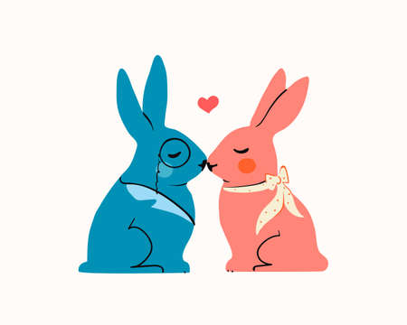 Two cute bunnies in love. Beautiful trendy vector illustration for postcards, posts, invitations. Romantic couple of animals, concept for weddings and Valentine's Day in hand-drawn modern style.のイラスト素材