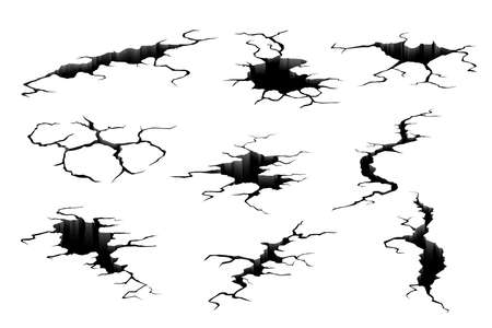 Earthquake crack set. Hole damaged effect, ground cracks and cracked surface. Fissures and holes in the ground. Realistic isolated 3D design elements on white background. Vector illustrations, EPS10.のイラスト素材